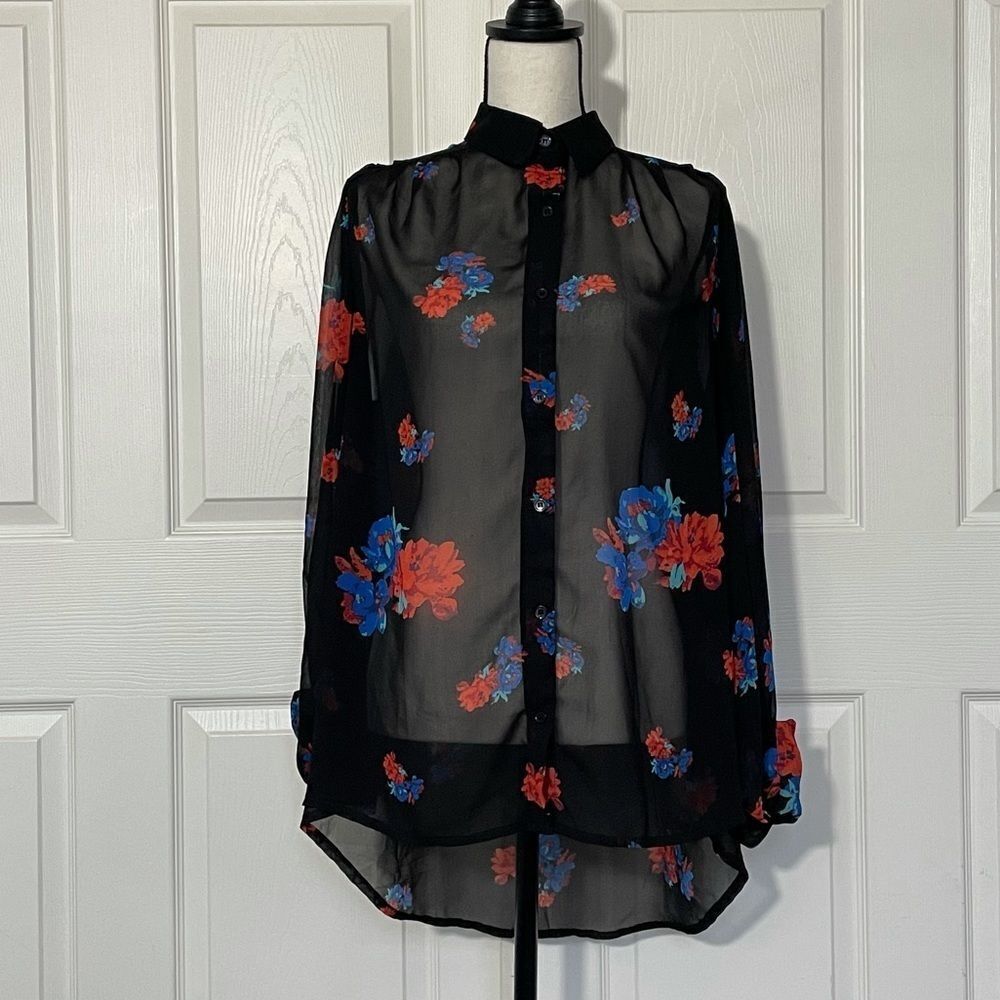 MINKPINK Sheer Black Button Down Blouse with Vibrant Red & Blue Roses, Medium
